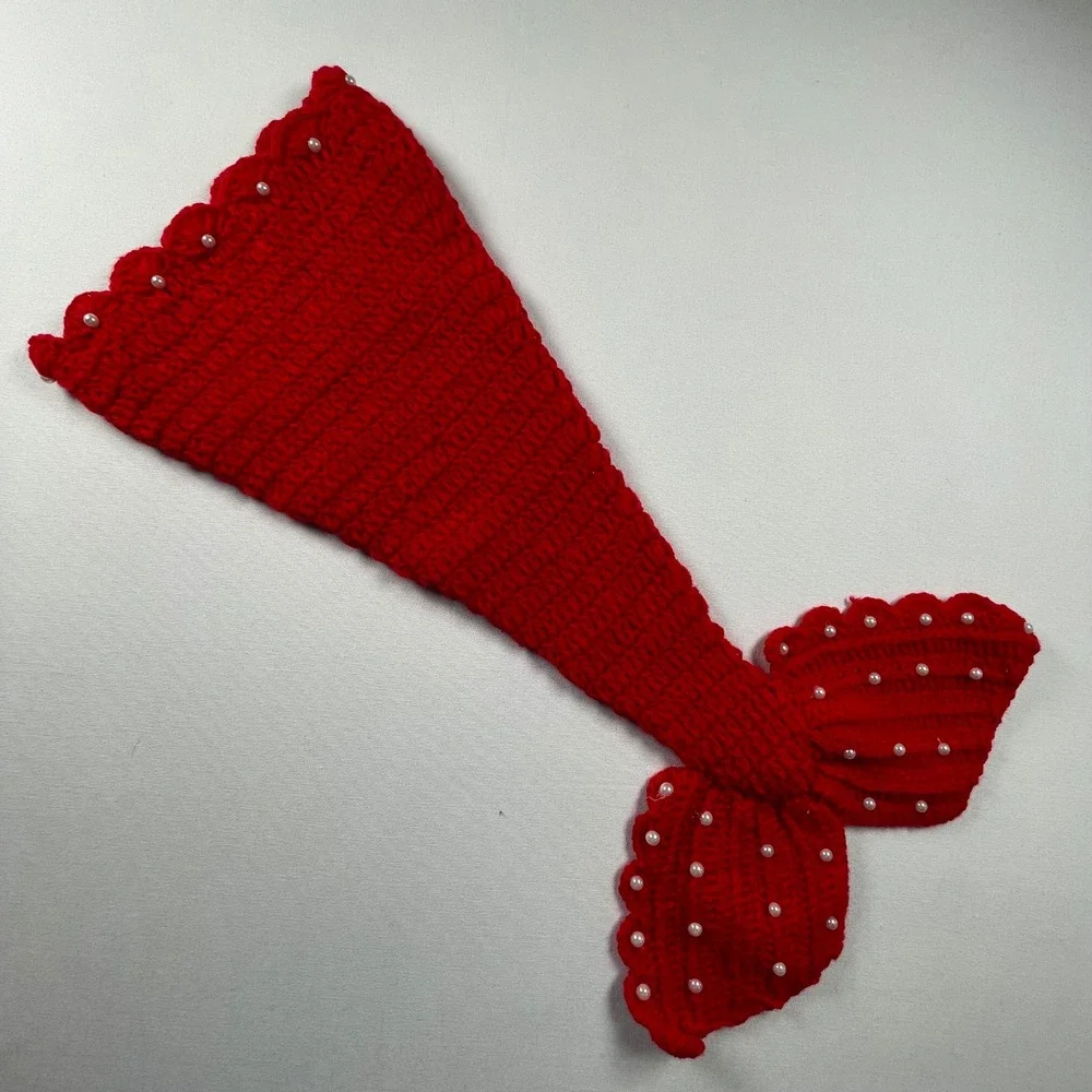 Handmade Baby Red Crochet Mermaid Tail Blanket Faux Pearl Accents Cozy Knit Fin